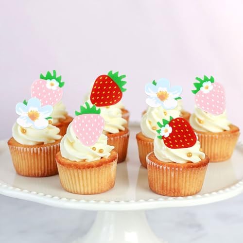 40Pcs Edible Pink Strawberry Cupcake Toppers Red Starwberry Flowers Cupcake Picks Strawberries Drink Toppers for Baby Shower Boys Girls Birthday Cake Decors Sweet Fruit Party Decorations