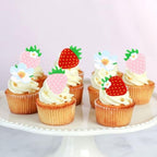 40Pcs Edible Pink Strawberry Cupcake Toppers Red Starwberry Flowers Cupcake Picks Strawberries Drink Toppers for Baby Shower Boys Girls Birthday Cake Decors Sweet Fruit Party Decorations