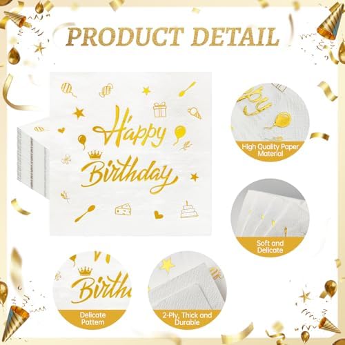 100 PCS Happy Birthday Paper Napkins, 2-Ply Gold Foil Birthday Disposable Decorative Paper Napkins, 13×13 Inch Dinner Cocktail Napkin for Birthday Party Bathroom Table Decor Guest Supplies