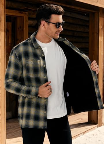 Men Fleece-Lined Button Shirt Flannel Plaid Warm Winter Casual Jacket with Flap Pockets (S-3XL)