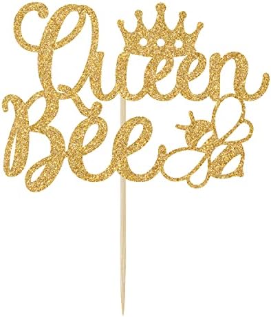 Gold Glitter Queen Bee Cake Topper - Mothers Birthday Cake Topper - Happy Bee Day, Bumble Bee Birthday Party Decorations