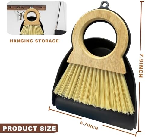 Mini Broom and Dustpan Set - Compact Bamboo Handle Cleaning Kit with Mini Dustpan Brush for Countertops, Tables, Desks - Small Dust Pan and Broom Combo for Tiny Spaces (Black)