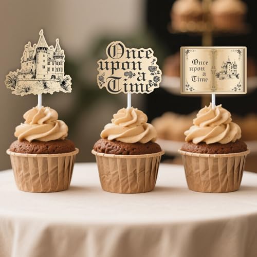 Kreatwow Once Upon A Time Birthday Decorations Vintage Fairytale Book Cupcake Topper Once Upon A Time Party Decoration Castle Opening Magic Book Party Romantic Story Decor for Girls Princess Birthday