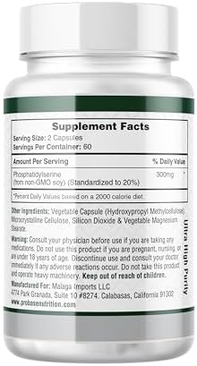 Probase Nutrition Phosphatidylserine 300mg Supplement Brain Health and Memory Support Non-GMO Gluten Free 120 Capsules Phosphatidyl Serine Complex