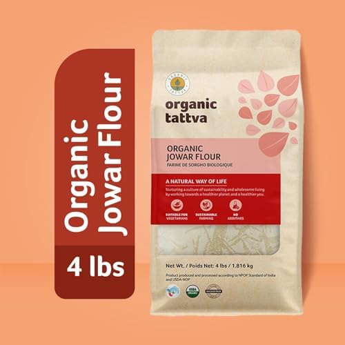 Organic Tattva Jowar Flour (4 lbs) - Organic Sorghum Flour from Sorghum Whole Grain - Gluten Free, Vegan & Kosher - Natural Plant Based Protein & Fiber - Chemical & Additives Free - USDA Certified