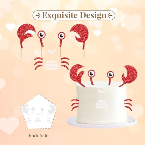 Crab Birthday Cake Topper, Ocean Crab Cake Decor, Red Glitter Under the Sea Crab Claws Feet Cake Topper Set, Beach Marine Animal/Seafood Baby Shower Party Decoration