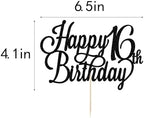 Happy 16th Birthday Cake Topper, Black Glitter 16 & Fabulous/Hello 16th Birthday Anniversary Party Cake Decorations Supplies