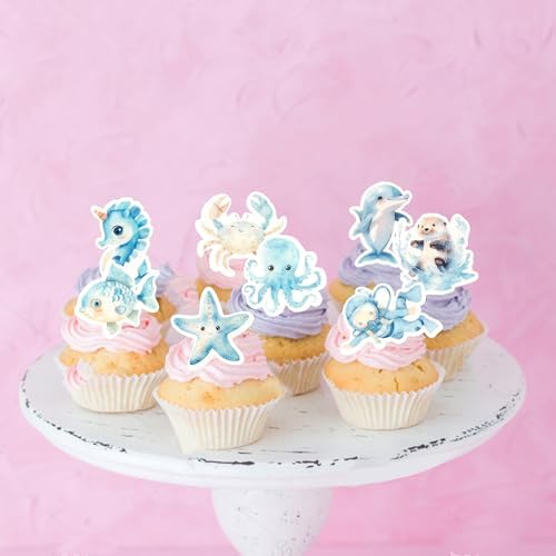 60 PCS Edible Ocean Sea Animal Cupcake Toppers Shark Dolphin Starfish Octopus Seahorse Cupcake Picks Under the Sea Baby Shower Cake Decorations for Under the Sea Theme Birthday Party Supplies