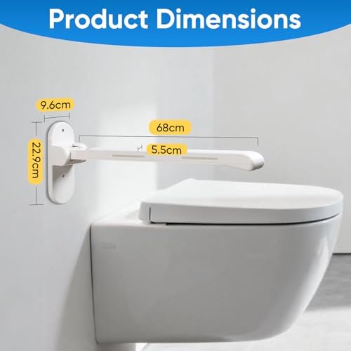 26.8 INCH Flip-Up Toilet Grab Bar, Wall-Mounted Safety Rail for Bathroom, Night Glow Strips on Both Sides, Folding Handrail for Elderly & Disabled