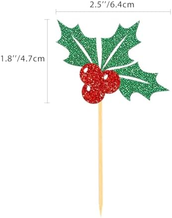 24pcs Christmas Holly Cupcake Toppers, Merry Christmas Cake Decorations Pick for Party, New Year Ceremony Party Cake Decorations Supplies (Holly)