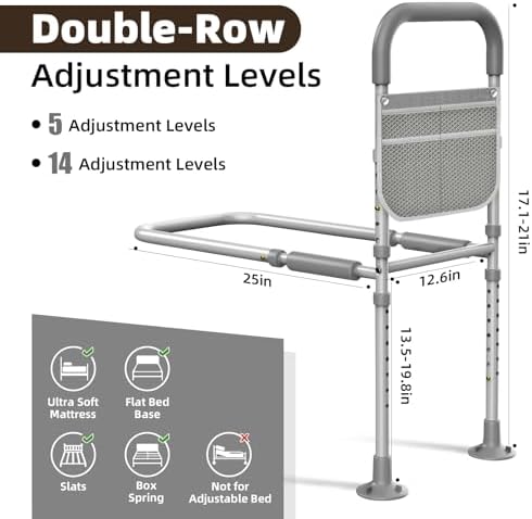 Bed Rails for Elderly Adults Safety: ASTM Approved Adjustable Bed Assist Rail for Seniors with Storage Bag & Non-Slip Handle - Bedside Grab Bar Hold up to 350 Lbs - Fits King Queen Full Twin Medium
