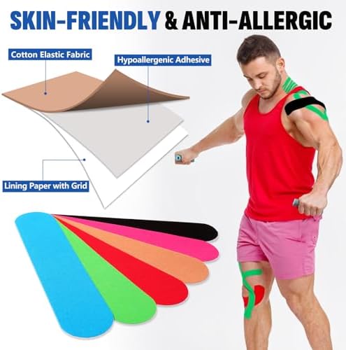 60PCS Precut Kinesiology Tape Strips, 6 Colors 2 inch x 10 inch Cotton Athletic Tape, Kinetic Tape, Elastic Muscle Tape, Sports Tape, Knee Tape for Exercise and Daily Use