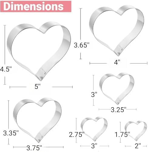Heart Cookie Cutters 6 PCS, 2'', 3'', 3.25'', 3.75'', 4'', 5'', for Valentine's Day