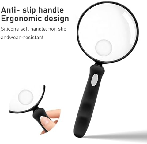 Lakei Magnifying Glass 10X Handheld Reading Magnifying Glass, 75mm Shatter Resistant Lens, Non-Slip Rubber Handle, Suitable for Elderly Reading, Natural Exploration and Science Hobby(Black)