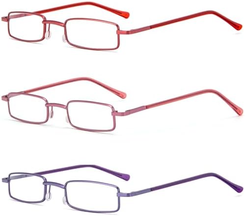 REAVEE 3 Pack Slim Pen Reading Glasses Small Tube Readers for Men Women Spring Hinged with Portable Clip Case, Red Pink Purple 2.25