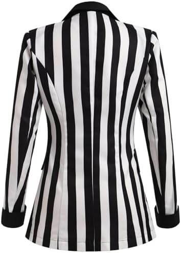 ABEHIK Women's Black White Stripes Blazers Button Long Sleeve Jacket with Padded Shoulder Halloween Costume Business Blazer