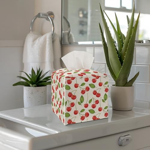 Tissue Box Cover - Red Cherry PU Leather Tissue Box Holder with Elastic Bottom Strap,5.2x5.2Inch Tissue Box Decor for Bathroom Countertop, Nightstand, Office Desk, Bedroom (Red-Cherry)