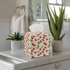 Tissue Box Cover - Red Cherry PU Leather Tissue Box Holder with Elastic Bottom Strap,5.2x5.2Inch Tissue Box Decor for Bathroom Countertop, Nightstand, Office Desk, Bedroom (Red-Cherry)