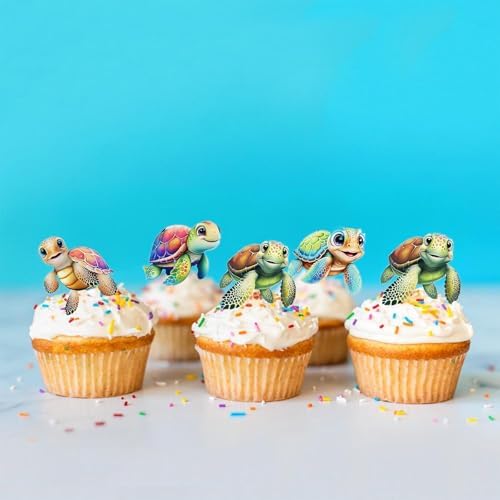 30Pcs Double Sided Turtle Cupcake Toppers Ocean Animals Theme Cake Toppers Decorations for Turtle Theme Boys Girls Birthday Party Baby Shower Supplies