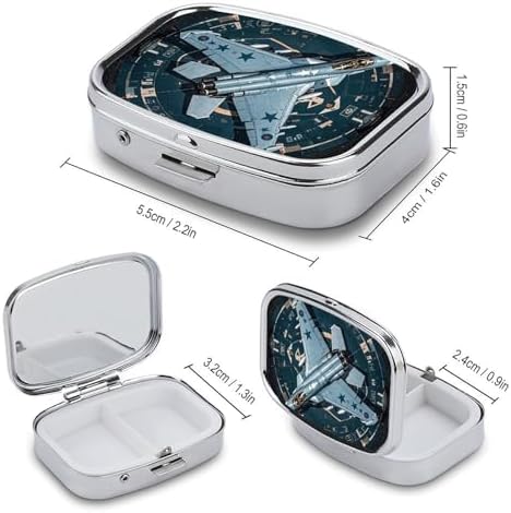 Air Force Fighter Jet Pill Box 2 Compartment Small Pill Case for Purse Or Pocket Mini Metal Pillcase Medicine Organizer, Square Daily Medicine Container to Hold Vitamins, Fish Oil