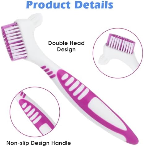 4 Pcs Denture Brush, Portable Denture Toothbrushes with White Carrying Case, Dual Angled False Teeth Care Cleaning Brush with Multi-Layered Soft Bristles (Purple, Green, Blue, Orange)