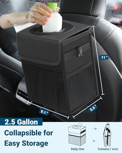 Capolo Car Trash Can with Lid, Leakproof Car Trash Bag Hanging Waterproof Automotive Garbage Can with Storage Pockets Mini Vehicle Trash Bin for Back/Front Seat(Black,2.5 Gallon)