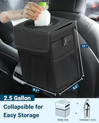 Capolo Car Trash Can with Lid, Leakproof Car Trash Bag Hanging Waterproof Automotive Garbage Can with Storage Pockets Mini Vehicle Trash Bin for Back/Front Seat(Black,2.5 Gallon)