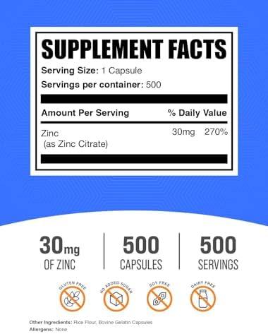 BulkSupplements.com Zinc Citrate Capsules - Zinc Supplements, Gluten Free - 30mg per Serving, 1 Capsule per Serving, 500 Count (Pack of 1)
