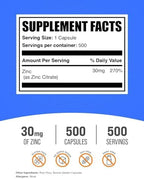 BulkSupplements.com Zinc Citrate Capsules - Zinc Supplements, Gluten Free - 30mg per Serving, 1 Capsule per Serving, 500 Count (Pack of 1)