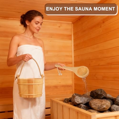 4L Wooden Sauna Bucket and Ladle Set, Natural Pine, Handmade Pine Sauna Bucket with Rope Handle