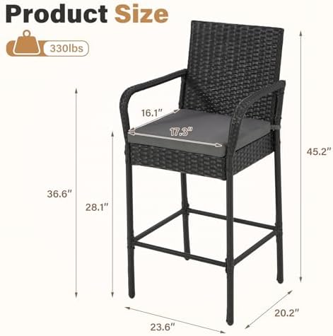 ECOTOUGE Set of 2 Patio Rattan Barstools, All-Weather Wicker Bar Height Chairs with Armrest & Backrest, Soft Cushion, Footrests, Outdoor Furniture for Backyard, Pool, Garden, Black