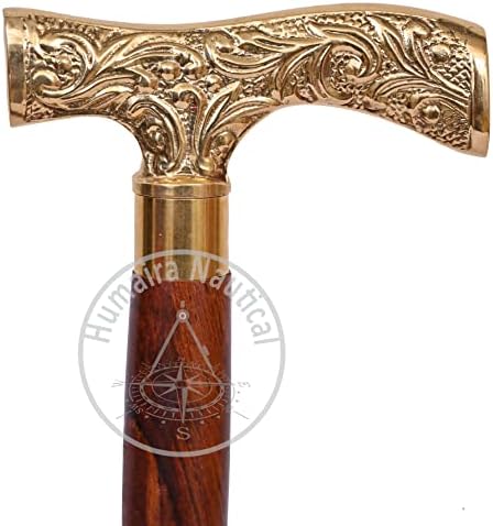 Humaira Nautical Walking Stick Men Derby Canes and Wooden Walking Stick for Men and Women 36" Brown Ebony Brass T Shape Handle in Golden Tone Natural Wood Unisex Cane.