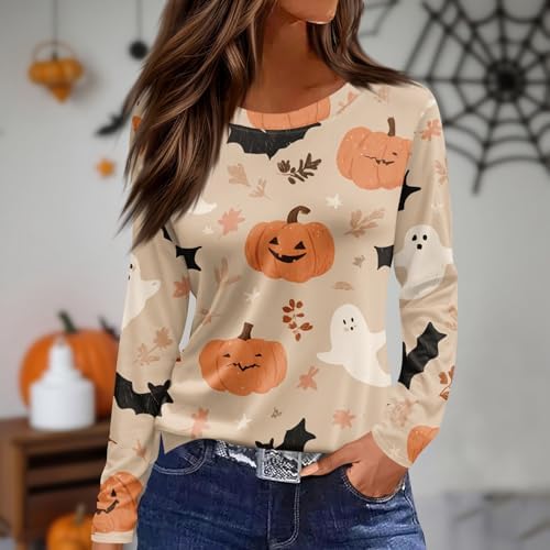 Halloween Shirts for Women Long Sleeve Crewneck Casual Dressy Tops Funny Graphic Halloween Costumes Fall Fashion Outfits