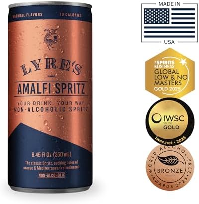 Lyre’s Amalfi Spritz 4-Pack, Ready to Drink Non-Alcoholic Sparkling Mocktail, Award-Winning Zero Proof Italian Aperitif and Non Alcoholic Prosecco, 70 Calories per Can (8.45 Fl Oz x 4)