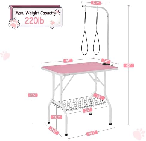 Yaheetech 36'' Dog Grooming Table, Adjustable Pet Foldable Grooming Table w/Double Loops/Mesh Tray Maximum Capacity Up to 220lbs, Pink