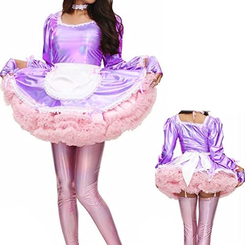 Dress Fancy Apron Maid Dress Laser Long Sleeve Shiny Costume Gloves and Neckwear,Laser Blue Purple,L