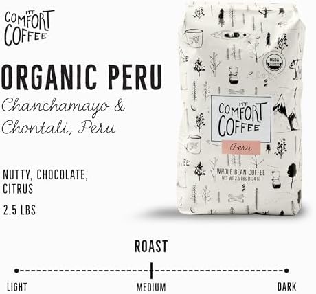 Mt. Comfort Coffee Organic Peru Medium Roast, 2.5 Pounds - Flavor Notes of Nutty, Chocolate, & Citrus - Sourced From Small, Peruvian Coffee Farms - Roasted Whole Beans