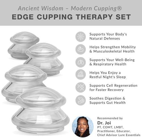 Lure Essentials Edge Silicone Cupping Set, Cupping Kit for Massage Therapy, Long Lasting Cups for Professional & Home Use, Body Sculpt Cup for Cellulite, Ultra Transparent Clear