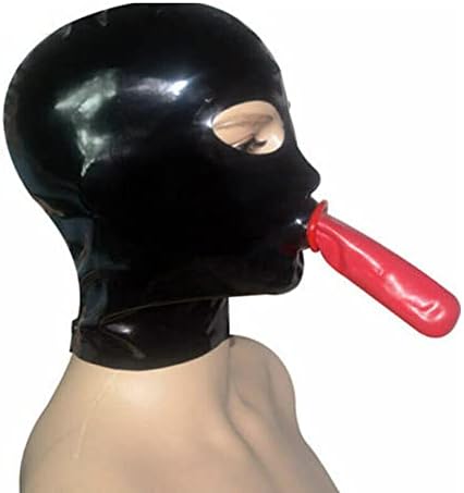 Latex Hood Mask Full Cover Catsuits Mouth with Red Condom Sheath Zipped Latex Mask