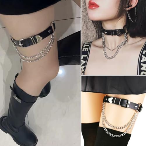 Adjustable Heart-Shaped Thigh Garter 2 Pieces Punk Leather Garter Belts Leg Garter with Chains Body Accessories