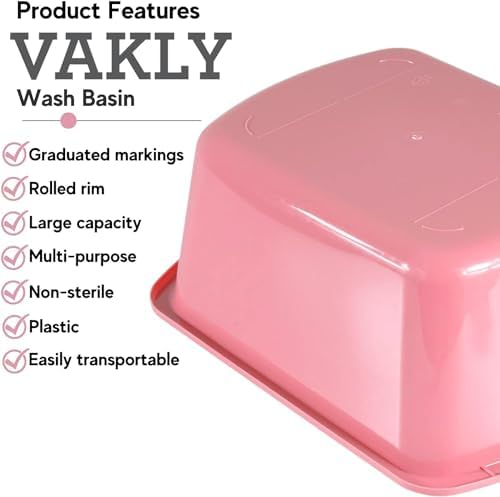 Vakly Wash Basin 7-Quart [2 Pack] Pink – Rectangular Plastic Tub with Graduated Markings, Small Portable Soaking Basin for Face Washing, Foot Bath, Laundry & Bedside Care