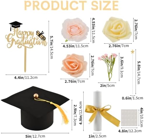 12PCS Graduation Cake Topper Set, Class of 2026 Grad Cap & Diploma Decor Kit with Flowers, Star Picks & "Happy Graduation" Sign fits 6-10 Inch Cakes, Decorations for Grad Party