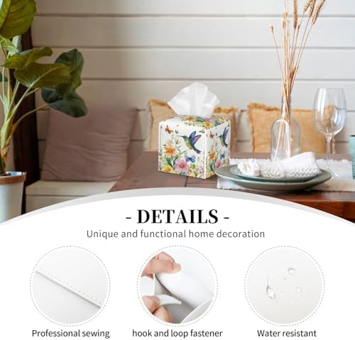 Spring Floral Hummingbird Tissue Box Cover Wild Flowers Florals Butterfly Square Leather Tissue Holder Decorative Facial Tissue Cube Paper Cover Case Organizer for Bathroom Night Stands Desk Home