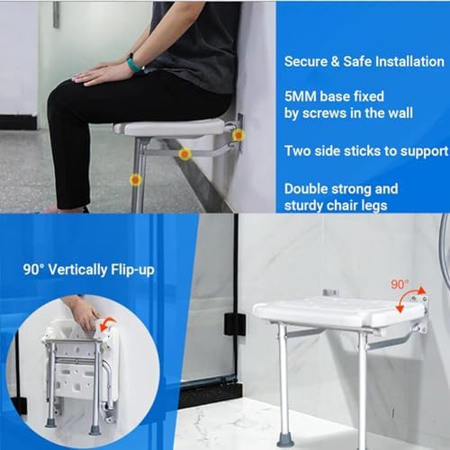 Folding Shower Seat Wall Mounted, Wall-Mounted Barrier-Free Folding Stool for Bath, Fold-Up Seat Chair for Elderly, Fold Down Shower Bench for Elderly,Disabled,Pregnants,with handrail