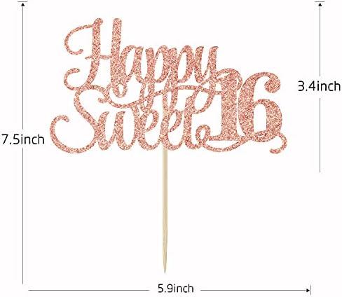 Rose Gold Glitter Happy Sweet 16 Cake Topper - Happy 16th Birthday Cake Decor - Hello 16, Cheers to 16 Years Birthday Party Decoration Supplies