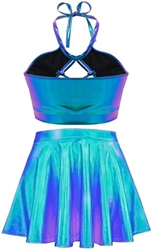 Women's Rave Outfit Sets For Women Festivals 2 Pcs Metallic Tops long Skirt EDM Party Club Holographic Rave Outfits