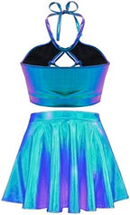 Women's Rave Outfit Sets For Women Festivals 2 Pcs Metallic Tops long Skirt EDM Party Club Holographic Rave Outfits