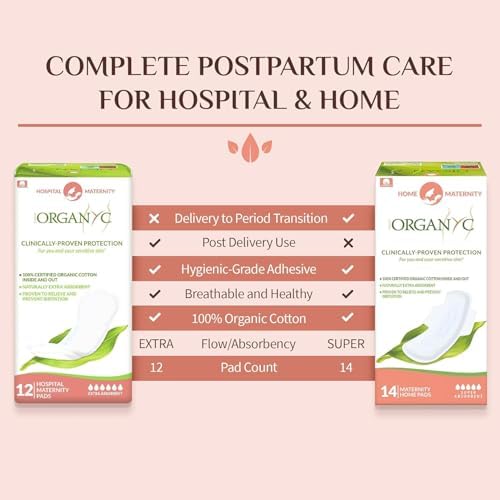 Organyc Hospital Postpartum Pads, 100% Certified Organic Cotton Inside and Out for Women, for First Days After Delivery, 3 Pack of 12 Count