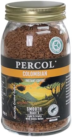 PERCOL SMOOTH COLOMBIA INSTANT COFFEE -- Easy Drinking Colombian Flavor, Aroma and Taste -- Fairtrade Certified 100% Arabica Beans Freeze-Dried Coffee - Lighter Strength Blend 6 Pk 3.5 oz