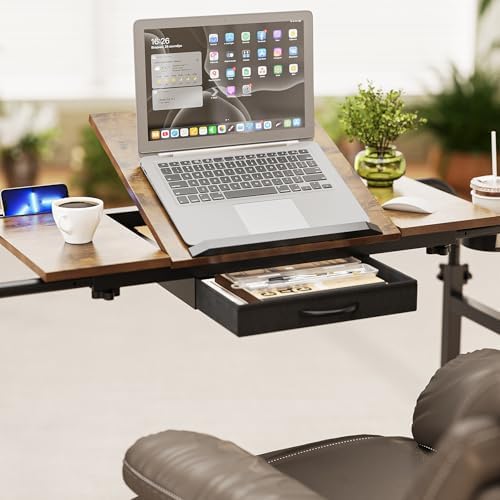 GiftGo Overbed Table with Wheels Rolling Laptop Desk Cart Table for Recliner Over Chair Adjustable for Hospital and Home Use Over The Bed Table with Storage Drawer and Cup Holder (Rustic Brown)